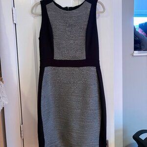 Stretchy, fitting black and gray dress.  Sleeveless.